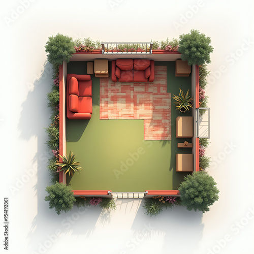 A minimalist floor plan stretches out before you, capturing the essence of a cozy living room with plush couchs and plush red couches. The plan features a bold green lawn with a red trim and a white p photo