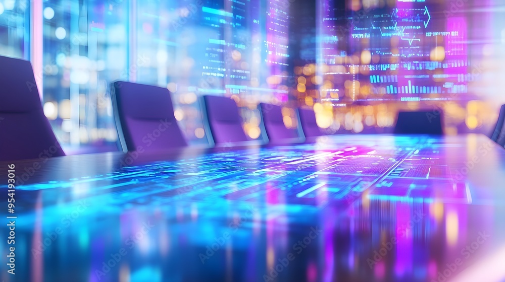 Futuristic Meeting Table with Neon Lights and Data Futuristic Meeting Table with Neon Lights and Data