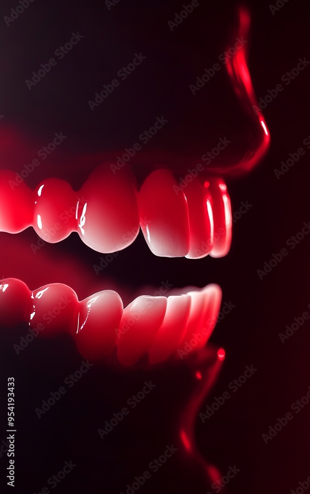 Close-up of shining teeth illuminated by a striking red light, creating a dramatic and artistic representation of dental beauty. Close-up of shining teeth illuminated by a striking red light, creating a dramatic and artistic representation of dental beauty.
