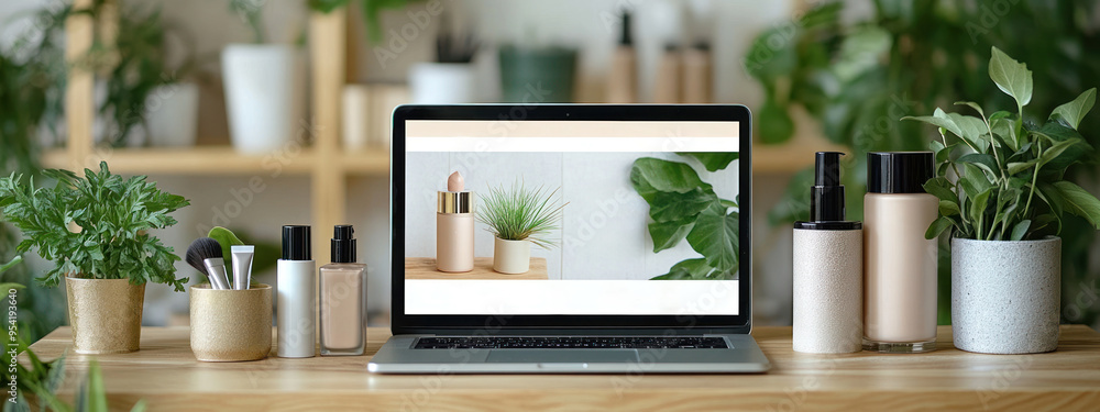 A bright and fresh flat lay featuring laptop, skincare products, and plants creates serene workspace. A bright and fresh flat lay featuring laptop, skincare products, and plants creates serene workspace.