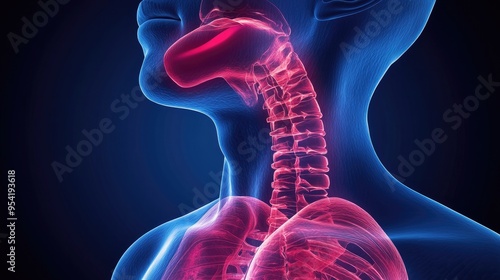 3D illustration of the esophagus and its connections to the respiratory system, emphasizing the risk of aspiration photo