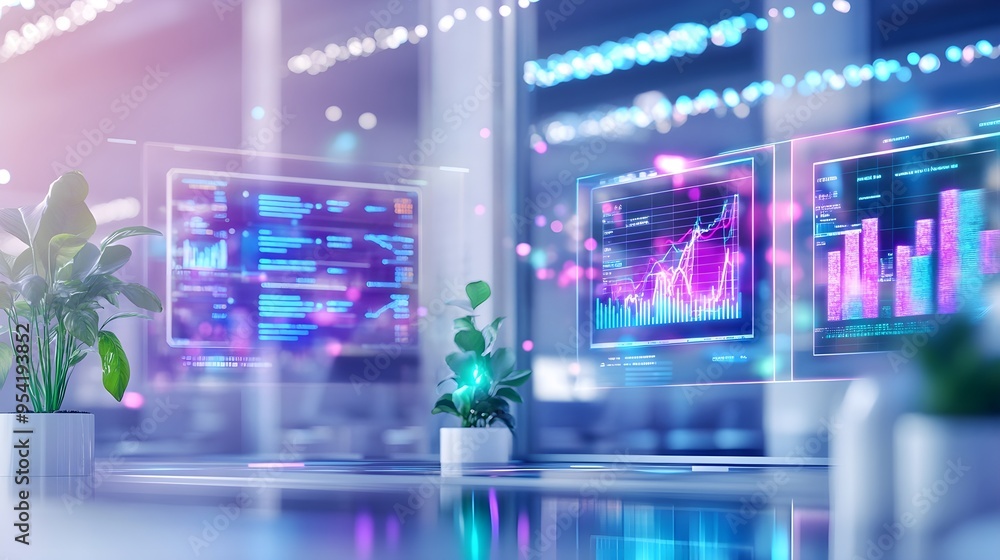 Futuristic Office with Data & Growth Charts Display Futuristic Office with Data & Growth Charts Display