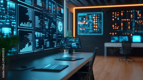 Futuristic Office with Data Analytics Screens