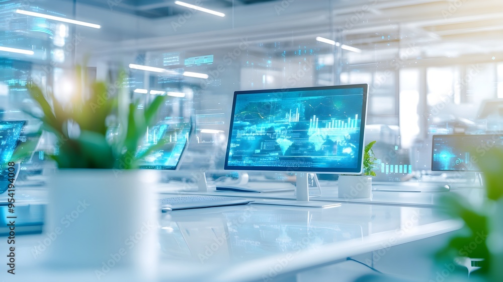 Futuristic Office Workspace with Data Visualization Futuristic Office Workspace with Data Visualization
