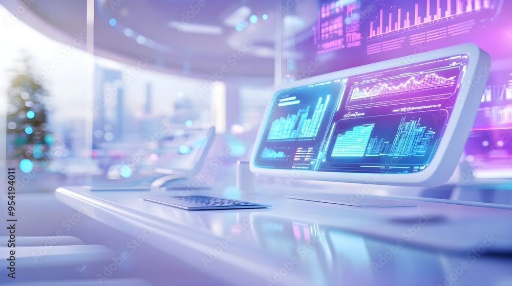 Obraz premium Futuristic Office Workstation with Data Visualizations