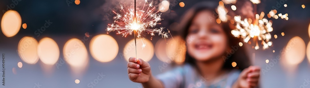 A joyful child holding a sparkler, surrounded by soft glowing lights, capturing the spirit of celebration and wonder. A joyful child holding a sparkler, surrounded by soft glowing lights, capturing the spirit of celebration and wonder.
