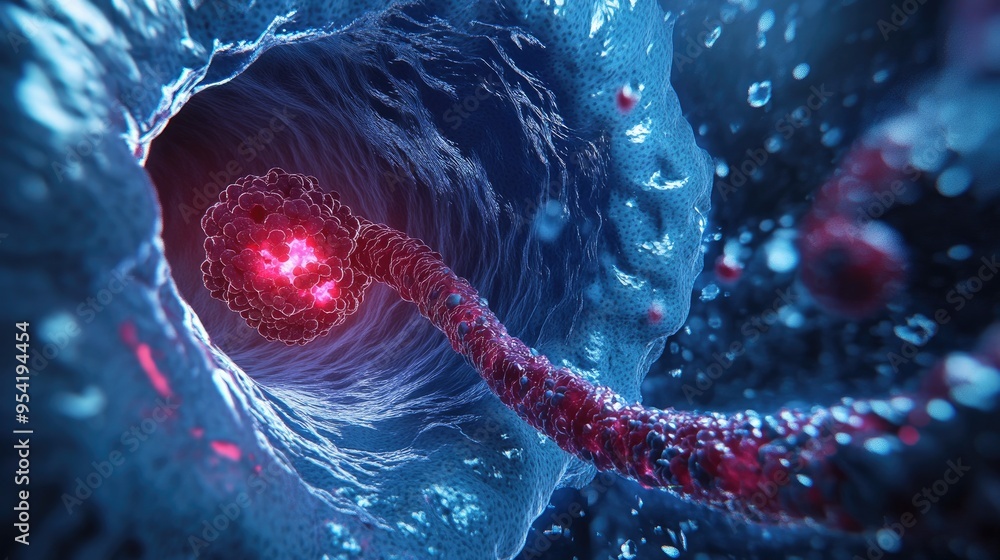 Medical visualization of esophageal cancer, showing a tumor within the ...