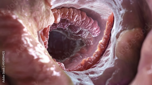 Medical visualization of a stricture in the esophagus, showing how scar tissue can narrow the passage and impact swallowing photo