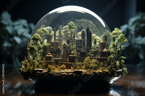 A model Earth with trees growing on one half and industrial factories on the other. Concept of balance between nature and industry. Generative Ai. photo