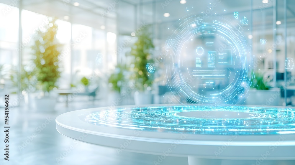 Futuristic Tech Interface Hologram on Table Futuristic Tech Interface Hologram on Table