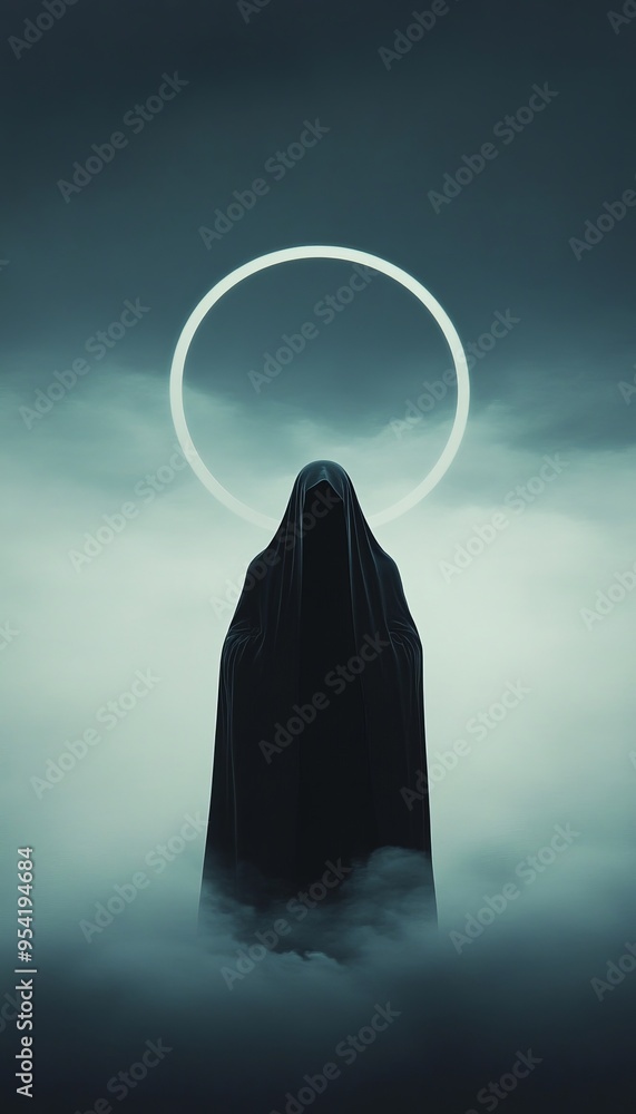 A mysterious figure shrouded in darkness, surrounded by ethereal fog and a glowing halo, evoking an aura of the supernatural.