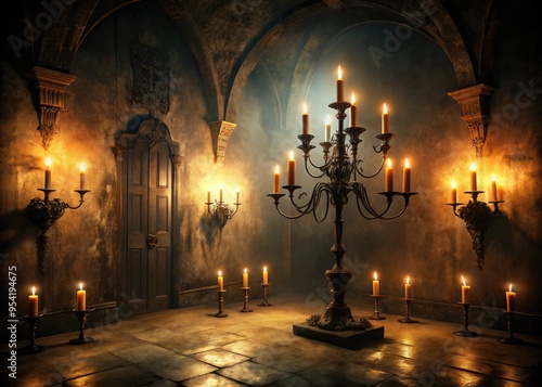 Ominous, darkened chamber with flickering candelabras casting eerie shadows on walls, creating an atmosphere of foreboding and mystery.