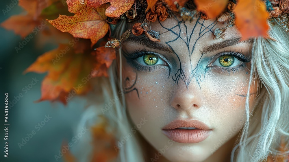 closeup portrait of enchanting witch with striking green eyes intricate face paint and ornate headdress adorned with mystical symbols and autumn leaves closeup portrait of enchanting witch with striking green eyes intricate face paint and ornate headdress adorned with mystical symbols and autumn leaves