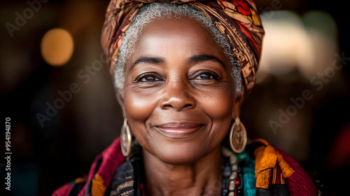 Close-up portrait of a smiling senior woman wearing a headscarf.