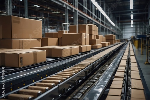 Retail warehouse, multiple cardboard box packages moving along a conveyor belt, product delivery, logistics, Generative AI