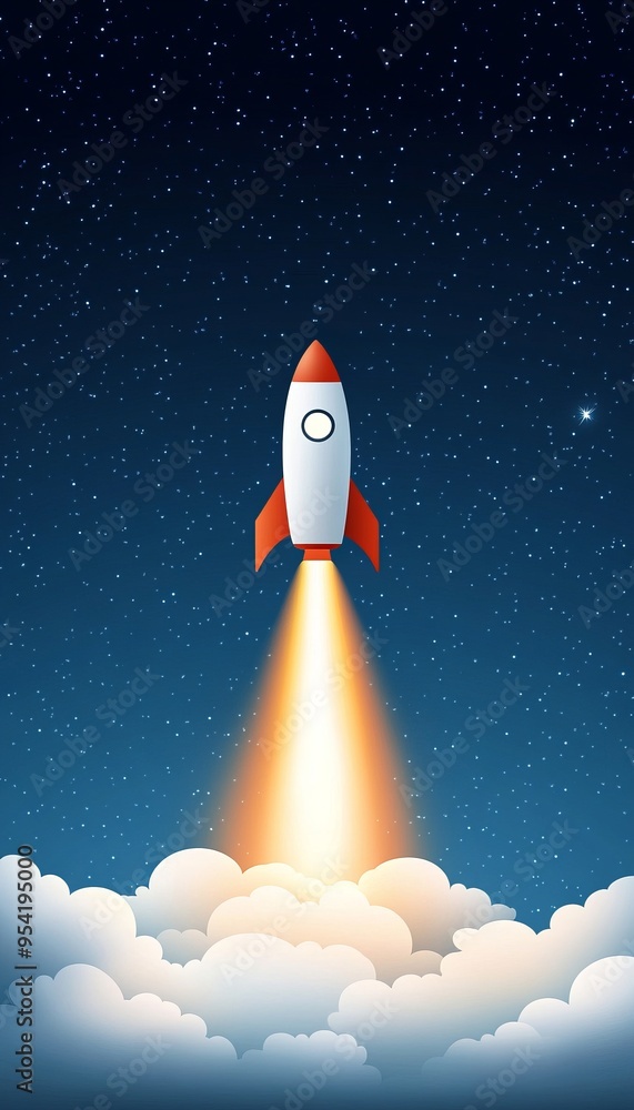 A vibrant rocket launching into the starry night sky, symbolizing exploration and adventure beyond the clouds. A vibrant rocket launching into the starry night sky, symbolizing exploration and adventure beyond the clouds.