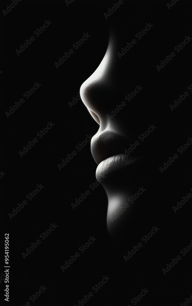 Elegant profile silhouette with soft shadows, capturing the essence of beauty and serenity against a dark background. Elegant profile silhouette with soft shadows, capturing the essence of beauty and serenity against a dark background.