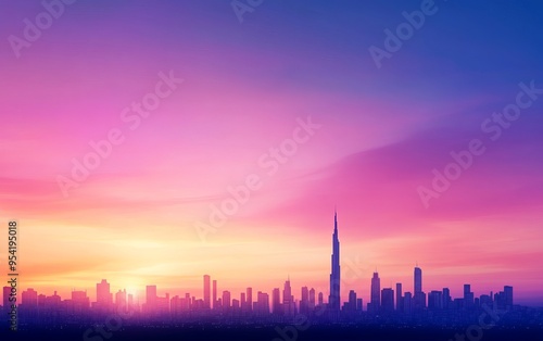 Breathtaking skyline at sunset with vibrant colors illuminating the city silhouette, showcasing modern architecture and beauty.