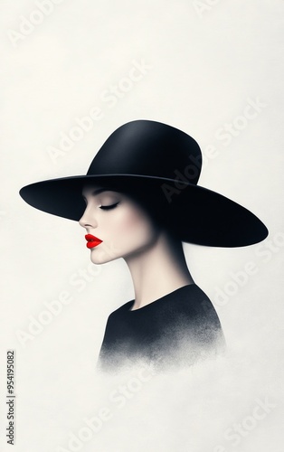 Elegant profile of a woman in a large black hat with red lips, embodying dramatic fashion and timeless beauty.