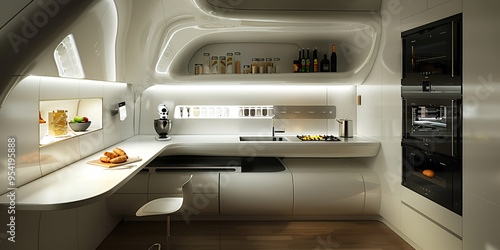 Futuristic White Kitchen Design with Integrated Smart Appliances, Sleek Modern Kitchen with Advanced White Cabinets and Appliances
