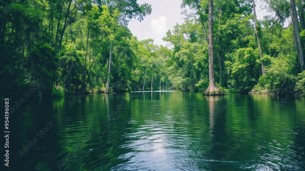 Tranquil Swamp River with Lush Greenery Tranquil Swamp River with Lush Greenery