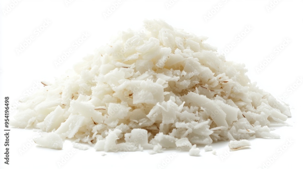 A pile of coconut flakes closeup view A pile of coconut flakes closeup view