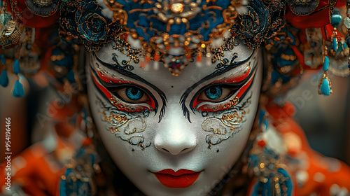 Close-up portrait of a woman with intricate makeup and blue eyes.