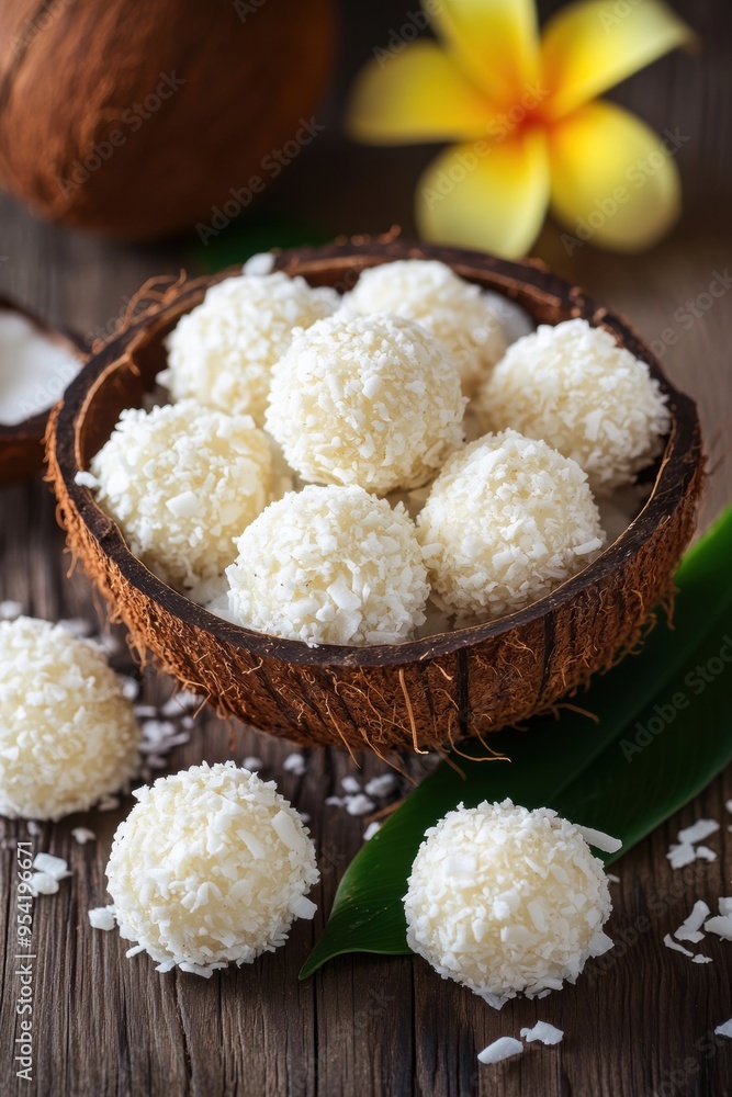 Coconut rice ball with coconut flakes closeup view Coconut rice ball with coconut flakes closeup view