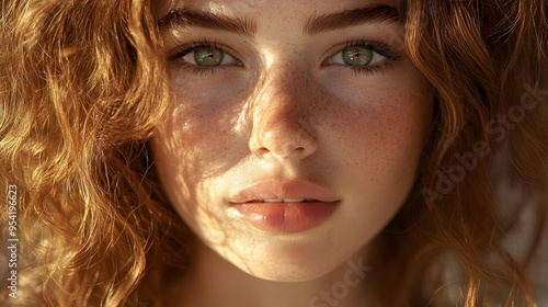 Close-up portrait of a woman with red hair and freckles. photo