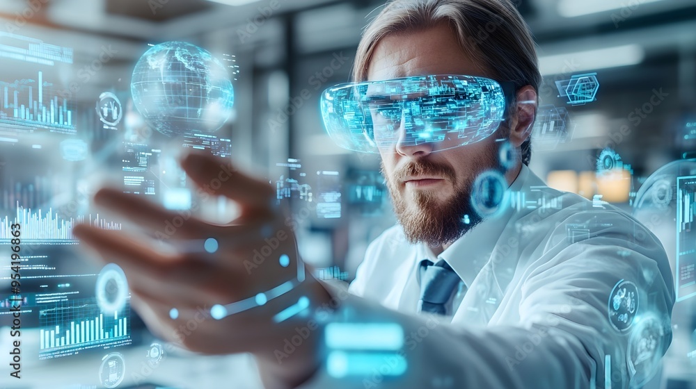 Man Wearing AR Glasses Interacting with Digital Interface Man Wearing AR Glasses Interacting with Digital Interface