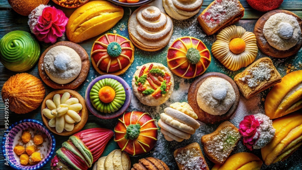 Overhead View Of A Colorful Arrangement Of Traditional Mexican Pastries With Sweet Fillings And A Sprinkle Of Powdered Sugar Overhead View Of A Colorful Arrangement Of Traditional Mexican Pastries With Sweet Fillings And A Sprinkle Of Powdered Sugar
