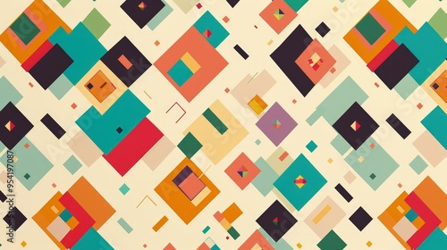 A vibrant abstract pattern featuring colorful geometric shapes arranged in a dynamic layout.