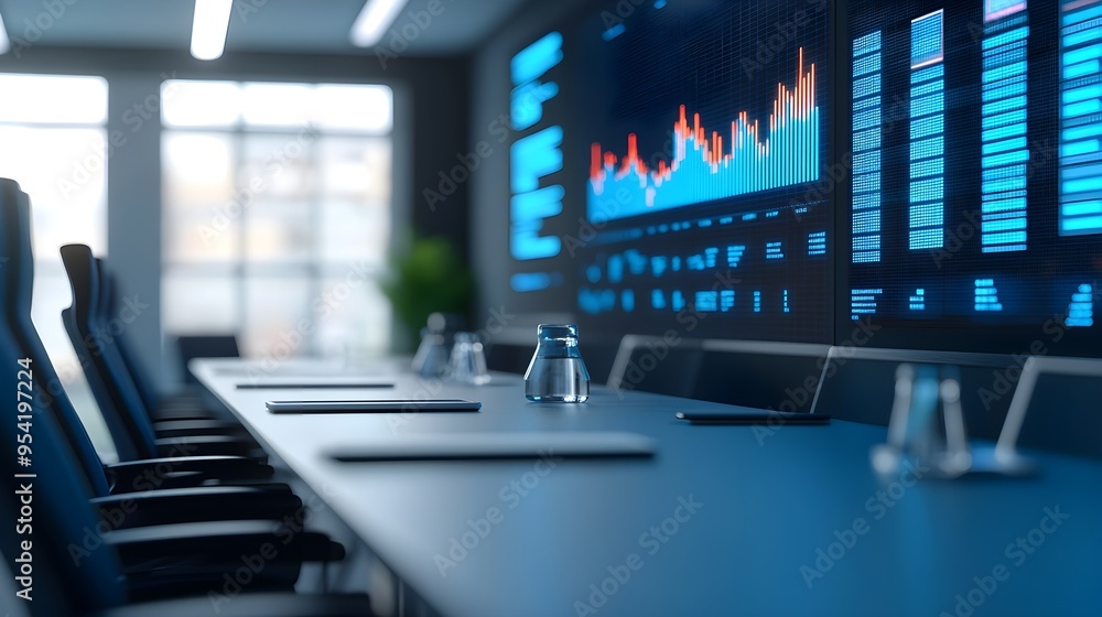Modern Conference Room with Data Analytics Screen Modern Conference Room with Data Analytics Screen