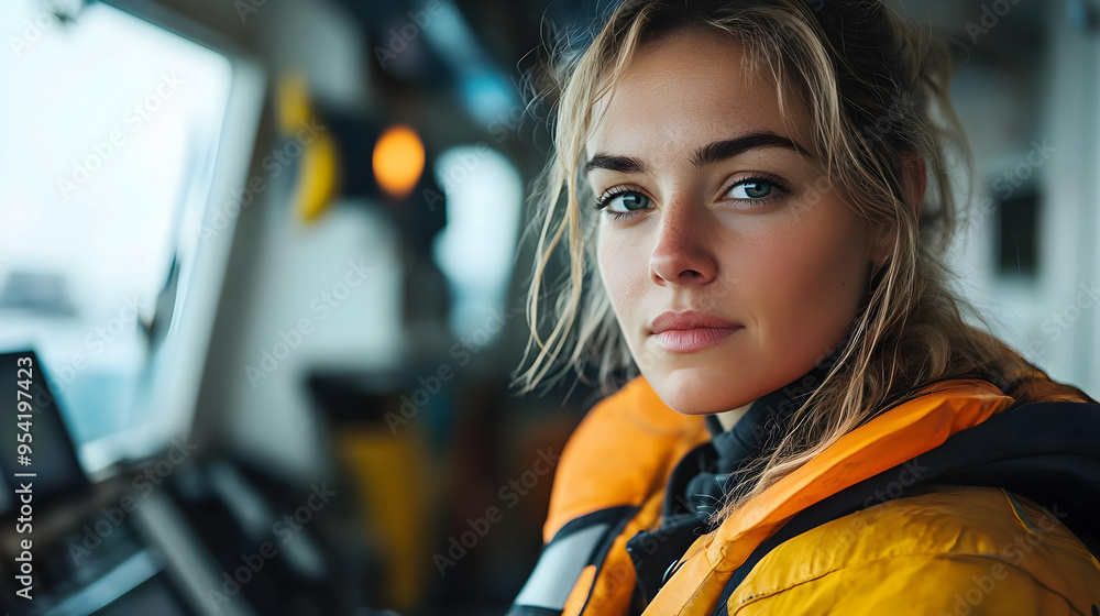 Close-up portrait of a young woman wearing a life jacket, looking intently at the camera. Close-up portrait of a young woman wearing a life jacket, looking intently at the camera.
