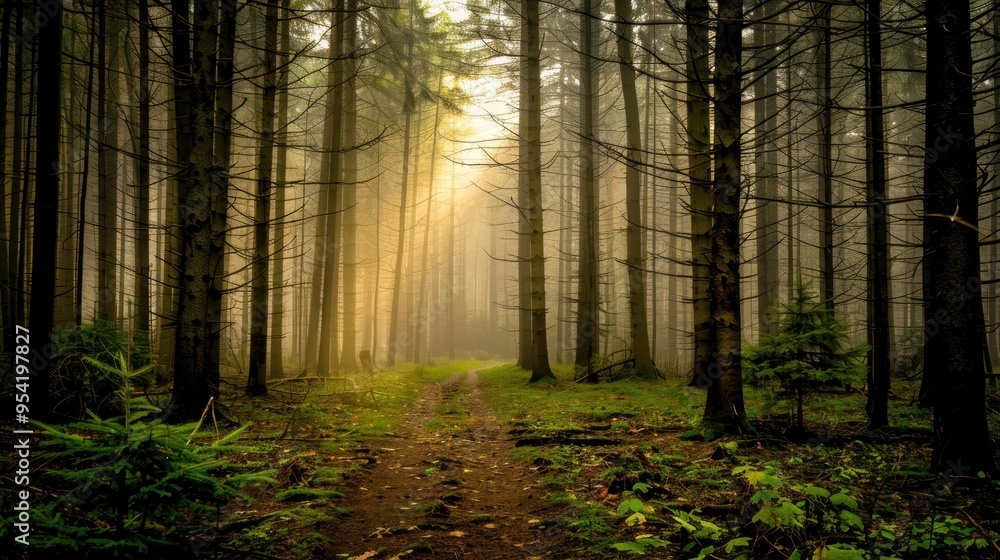 Fototapeta premium Sunbeams Through the Mist in a Forest