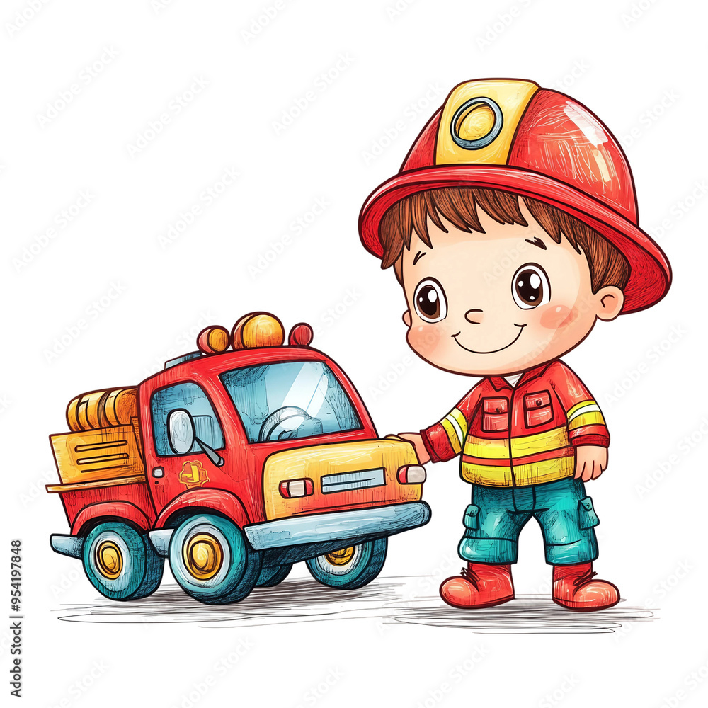 A young boy is holding a toy fire truck A young boy is holding a toy fire truck