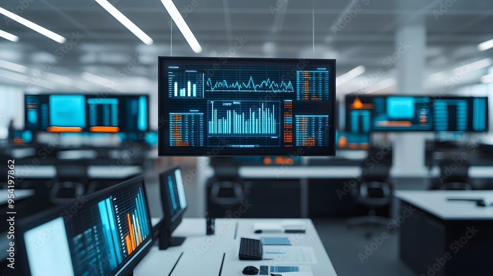 Fototapeta premium Modern Office Interior with Data Analytics Display