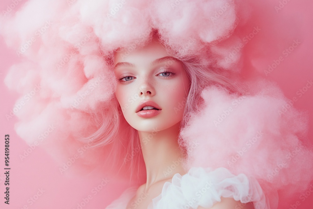 A beautiful woman with a cloud-like headpiece, delicate pink tones, and soft facial expression against a vibrant pink background A beautiful woman with a cloud-like headpiece, delicate pink tones, and soft facial expression against a vibrant pink background