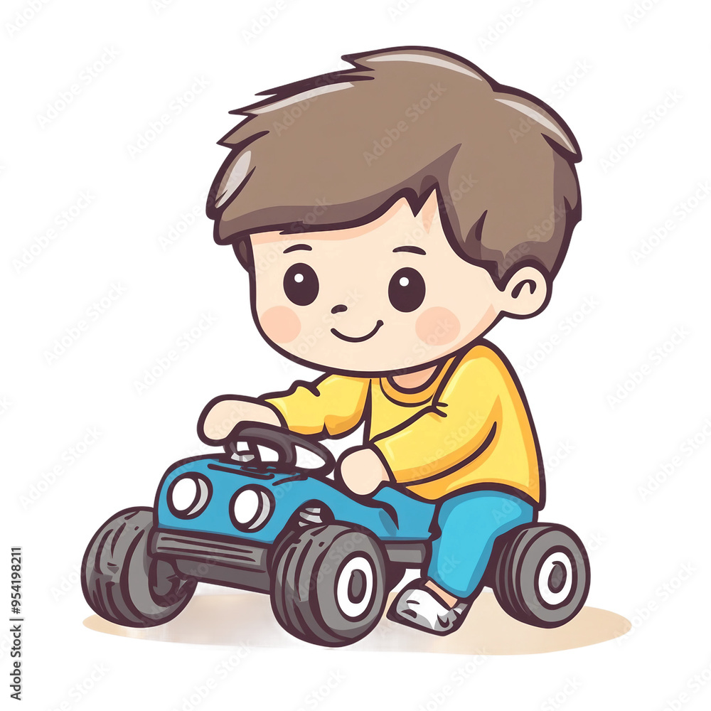 A cartoon boy is driving a blue toy car A cartoon boy is driving a blue toy car