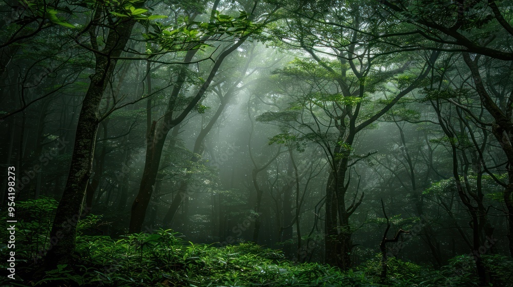 Fototapeta premium Mystical Forest with Sunbeams Piercing Through the Fog