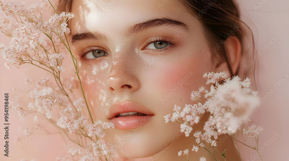 Closeup portrait of a young woman with delicate flowers. Closeup portrait of a young woman with delicate flowers.