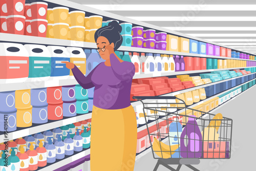 Shopping in supermarket. Elderly woman standing in aisle at shelf with packages to choose and buy products, old customer walking with trolley in hypermarket interior cartoon vector illustration