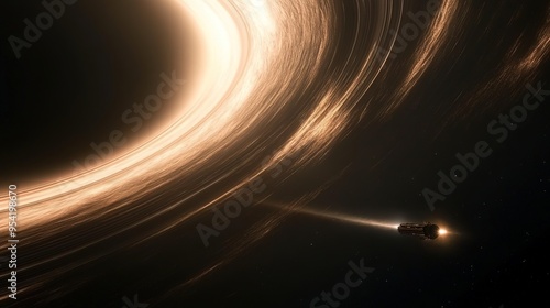 Spaghettification of a Spacecraft by a Black Hole: A Dramatic Depiction of a Spacecraft Being Elongated and Stretched as It Approaches a Black Hole's Event Horizon.  photo