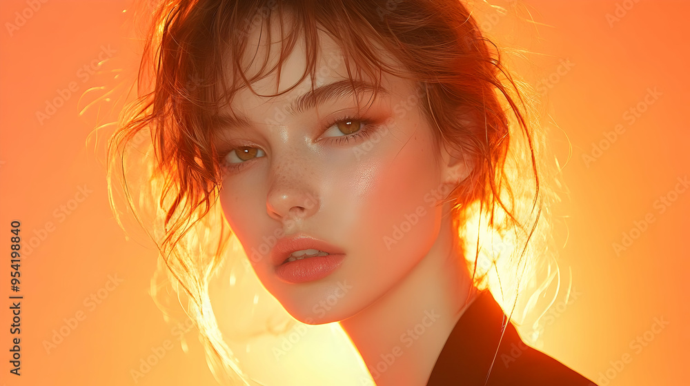 Close-up portrait of a young woman with freckles and glowing skin against an orange background. Close-up portrait of a young woman with freckles and glowing skin against an orange background.