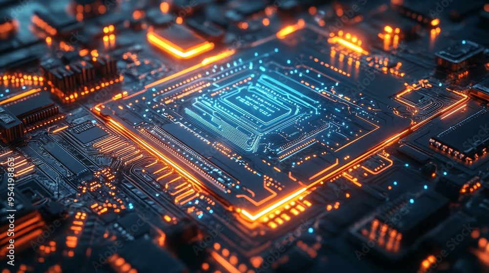 Abstract circuit board with intricate copper elements glowing with blue energy, surrounded by a holographic aura, dark cyberpunk environment, sharp details, and vibrant neon accents Abstract circuit board with intricate copper elements glowing with blue energy, surrounded by a holographic aura, dark cyberpunk environment, sharp details, and vibrant neon accents