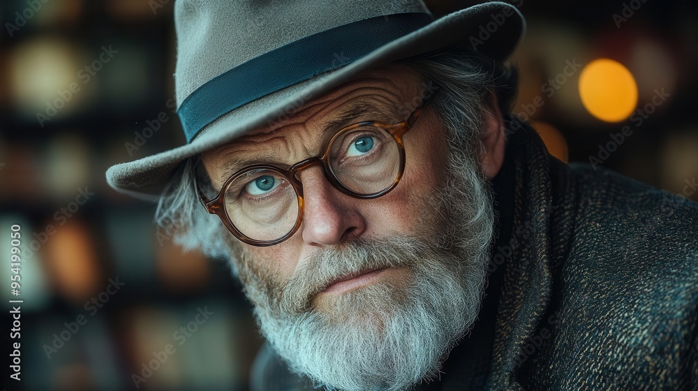 eccentric professor with wild gray beard and round glasses wearing a worn fedora and tweed jacket thoughtful expression in a dimly lit study eccentric professor with wild gray beard and round glasses wearing a worn fedora and tweed jacket thoughtful expression in a dimly lit study