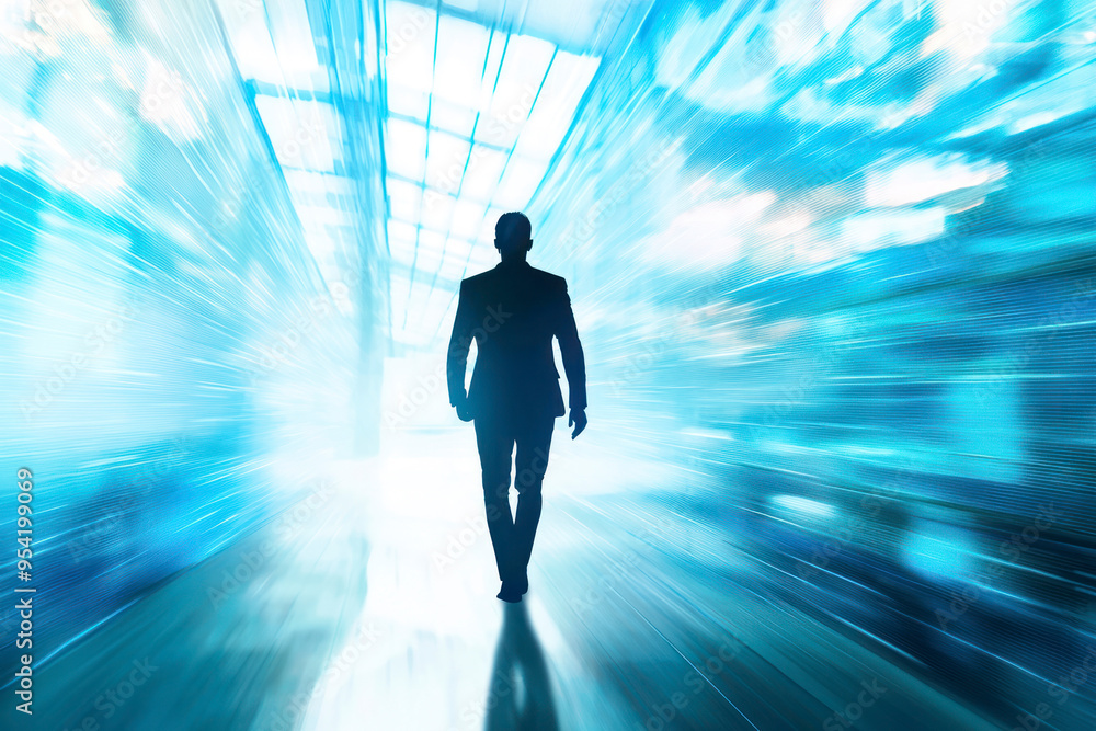 Conceptual image of businessman silhouette on bright blue lines background. Conceptual image of businessman silhouette on bright blue lines background.