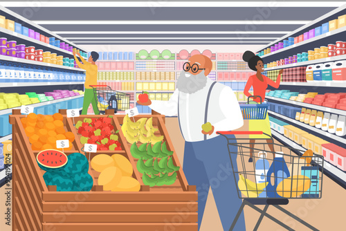 Shopping in supermarket by elderly customer. Old man with beard standing at fruit rack to choose fresh apples and buy, elder consumer walking with trolley for purchases cartoon vector illustration