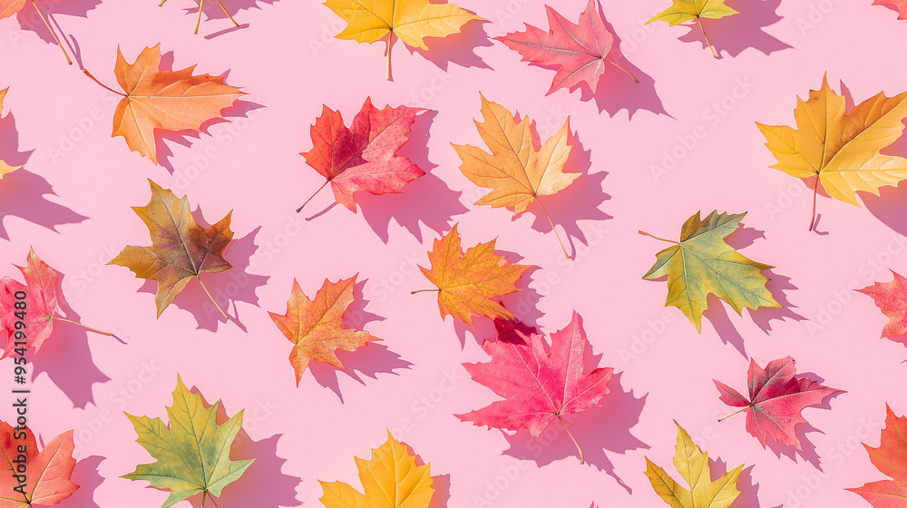 colorful fall leaves dipped in gold, each with a shadow, arranged on a soft pink background, captured from above in minimalist style photography colorful fall leaves dipped in gold, each with a shadow, arranged on a soft pink background, captured from above in minimalist style photography