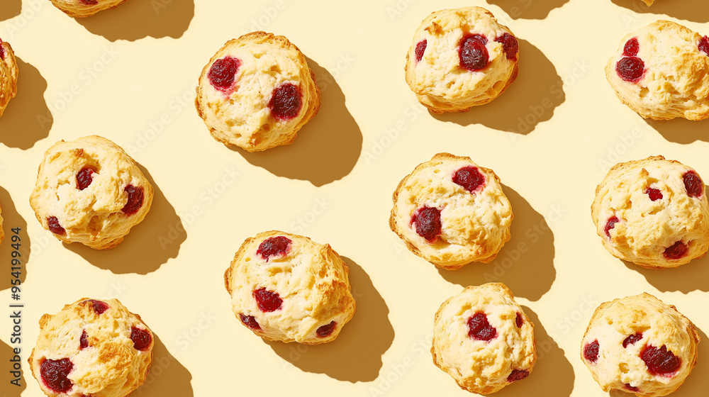 cranberry and orange scones, each with a shadow, arranged on a light yellow background cranberry and orange scones, each with a shadow, arranged on a light yellow background
